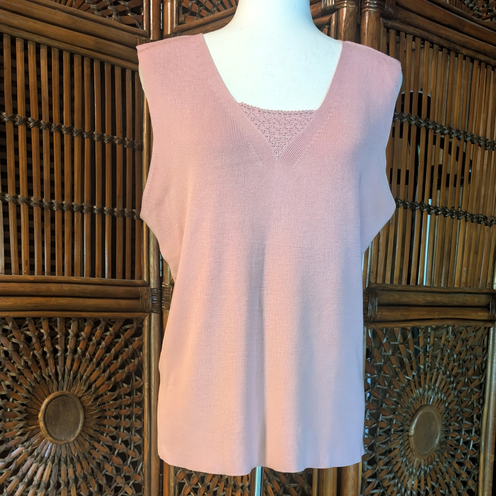 LIZ CLAIBORNE - Knit Tank Top - Blush Pink - Crochet Inset - XL